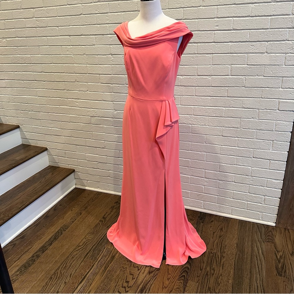 Frascara Coral Crepe Long Gown Asymmetrical Shoulder Cross Back With Slit 6